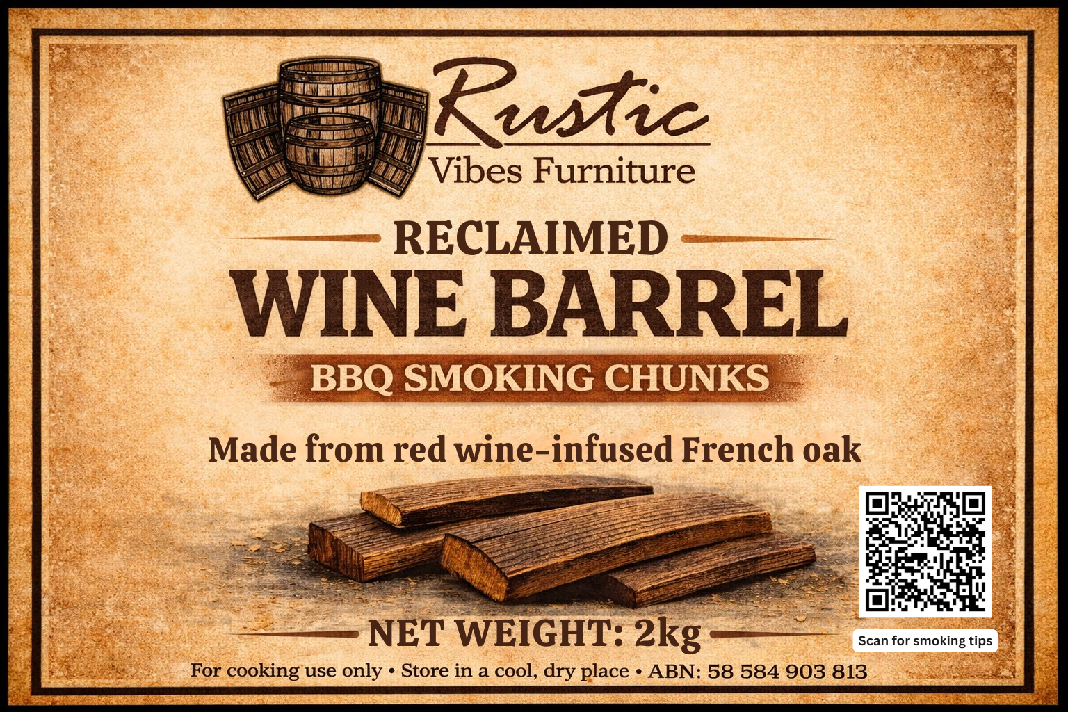 Rustic Vibes Furniture reclaimed wine barrel BBQ smoking chunks label, 2kg red wine infused French oak.