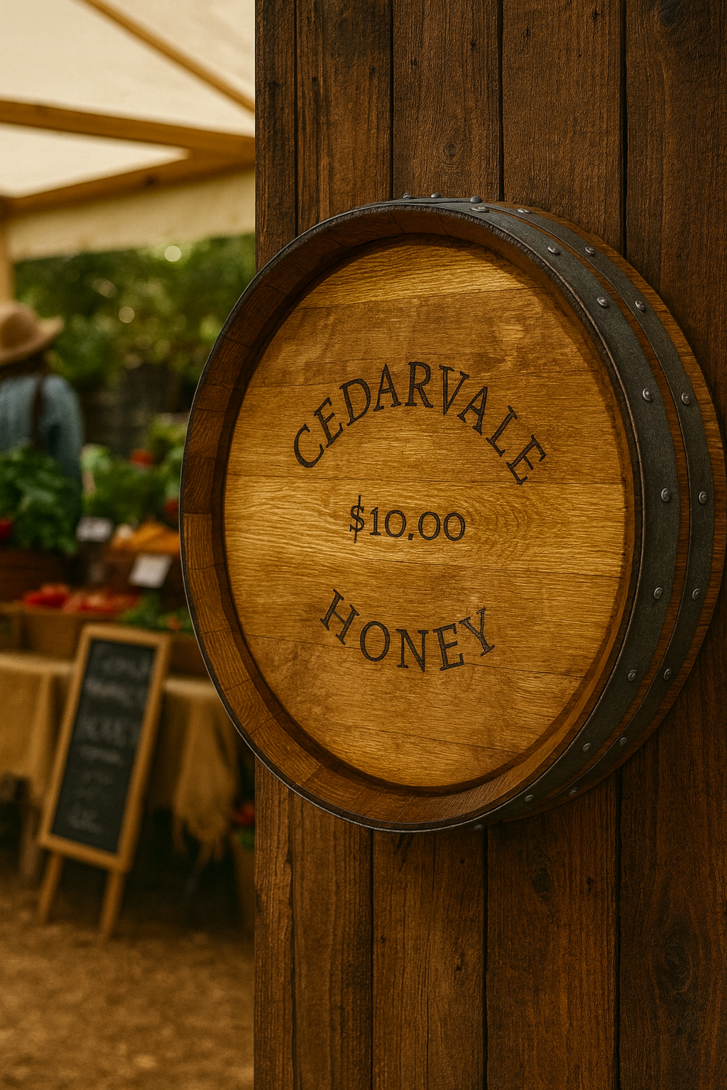 Custom laser engraved 630mm wine barrel head sign made from reclaimed wine barrel