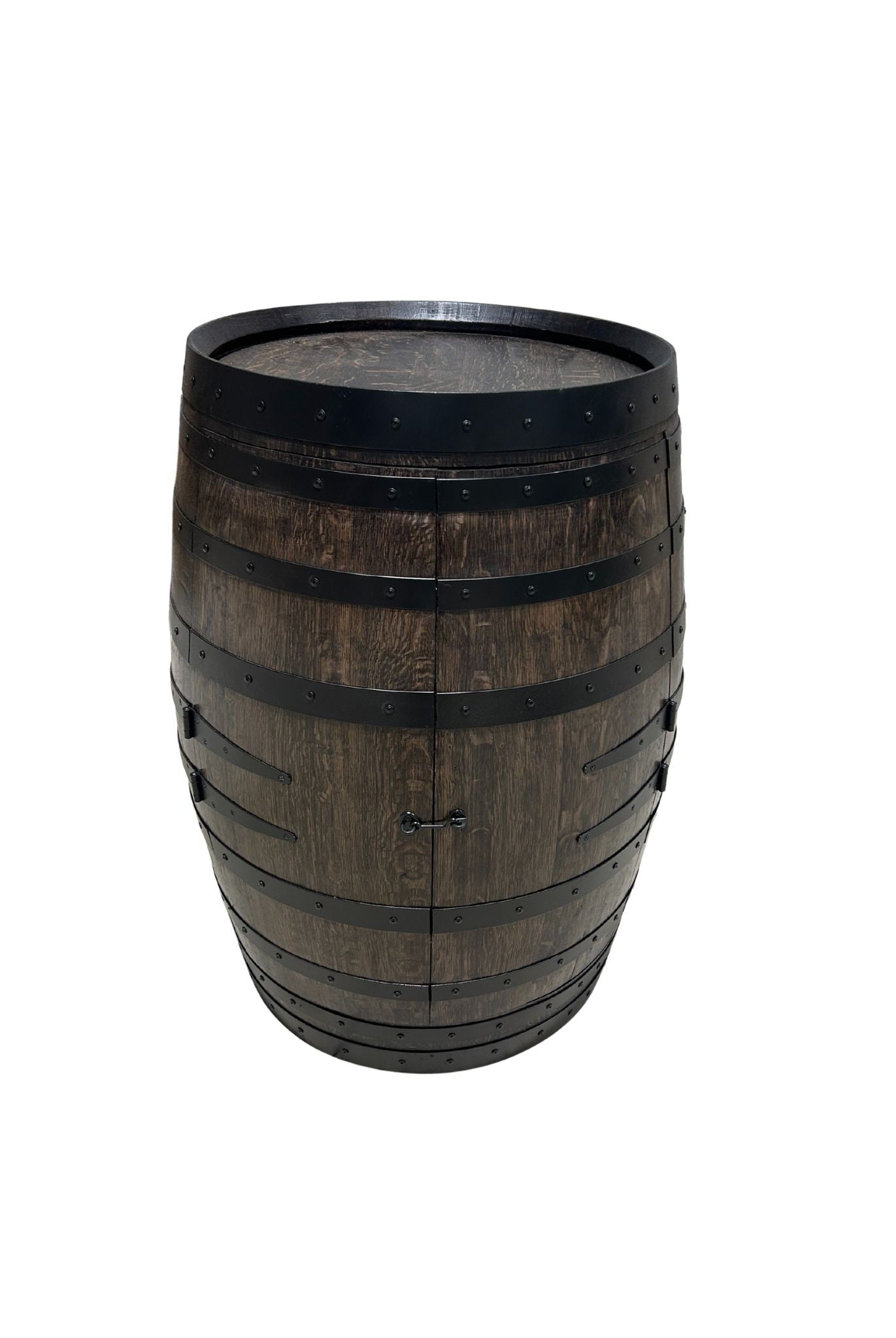 Handcrafted wine barrel mini bar with bottle and glass storage – rustic home bar furniture