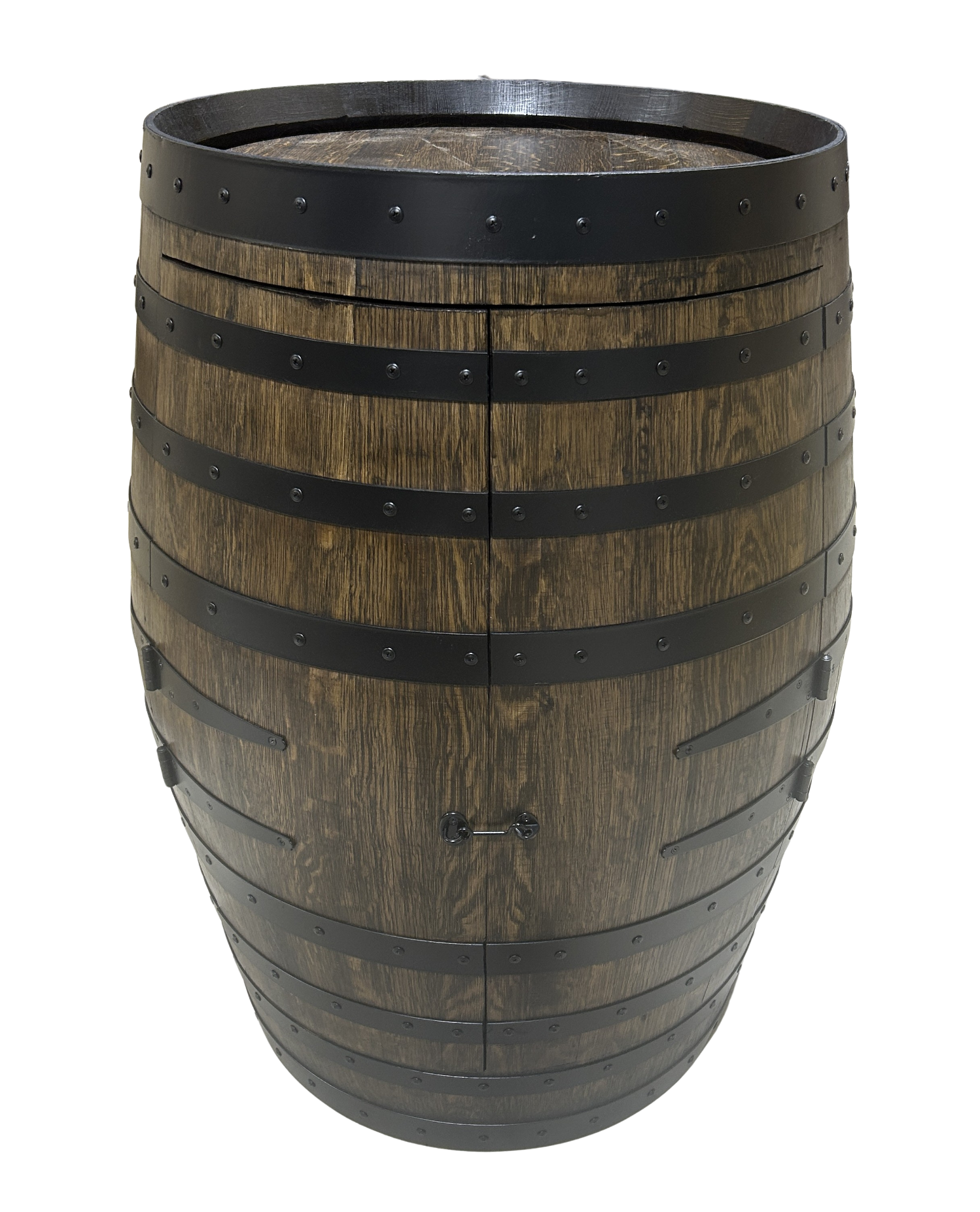 Wine barrel bar in Black Japan stain with satin black steel hoops
