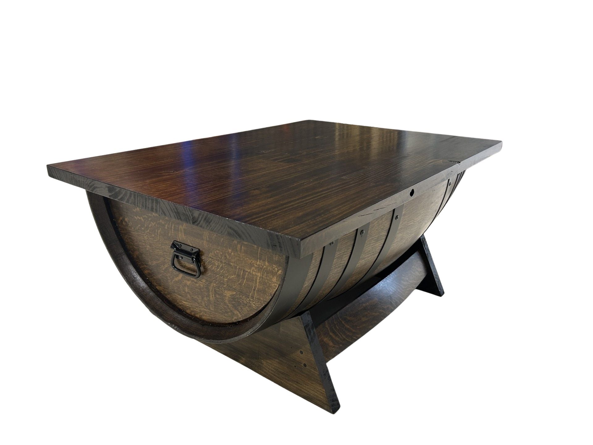 Rustic wine barrel coffee table with lift-top desk and hidden storage – handcrafted furniture for home or office