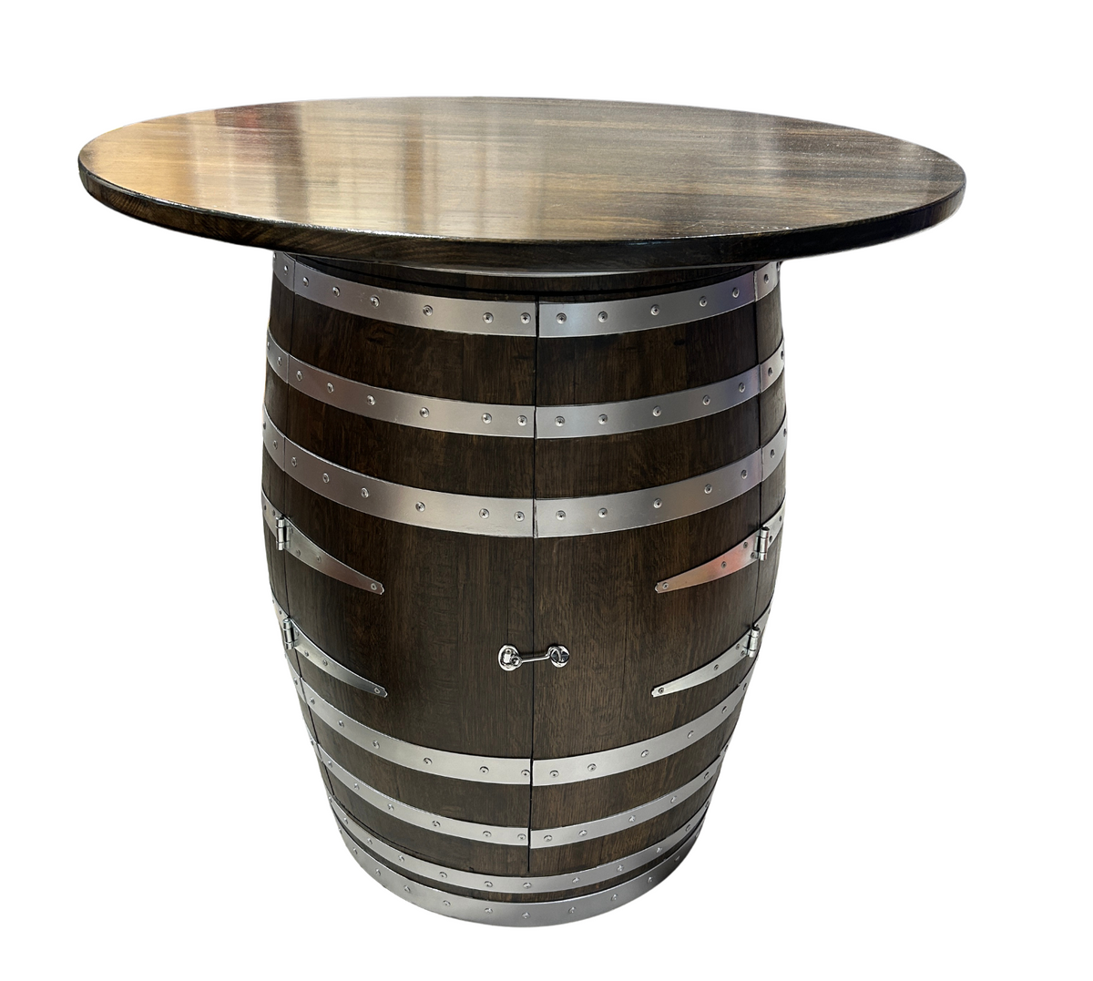 Wine barrel table with Tasmanian Oak top and silver steel bands, black japan stain, handcrafted in Australia.