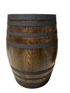 Refurbished full wine barrel with rich black japan finish and black steel bands, handcrafted from authentic oak wine barrels.