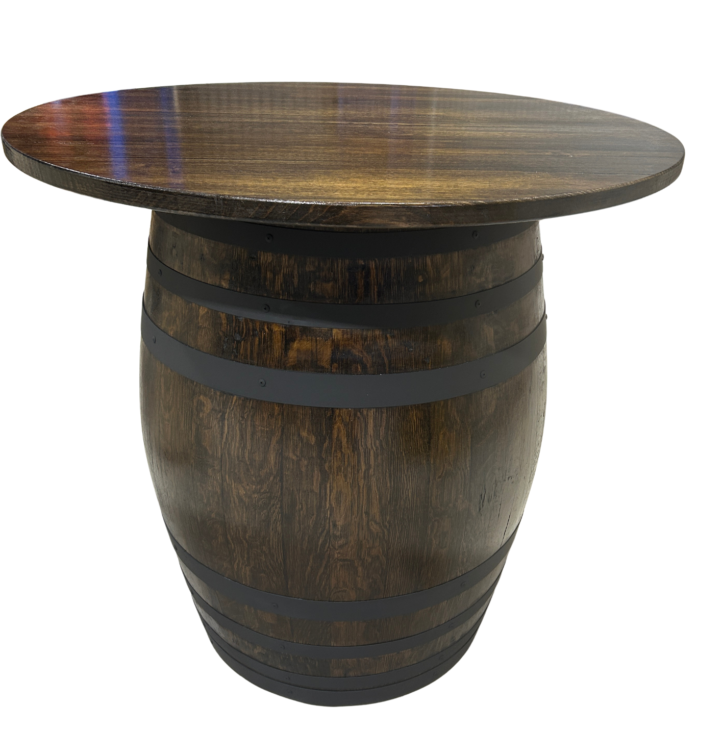 Wine barrel table with Tasmanian Oak top and matt black steel bands, black japan stain, handcrafted in Australia.