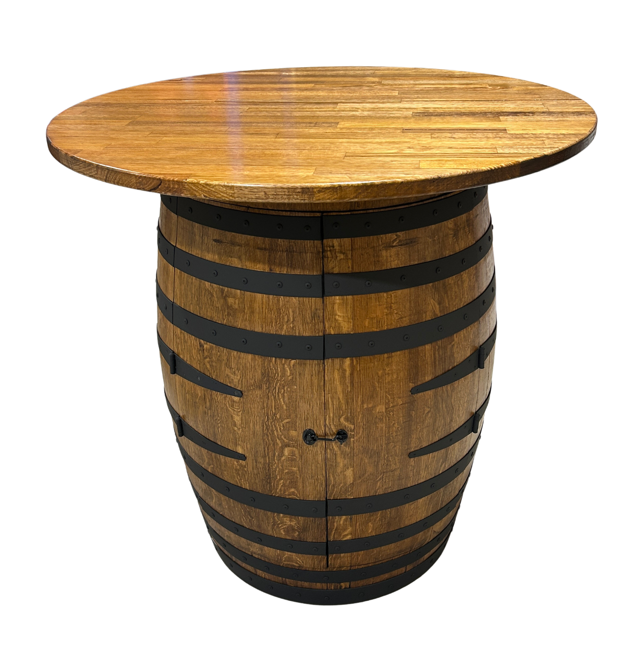 Wine barrel table with Tasmanian Oak top and matt black steel bands, brown japan stain, handcrafted in Australia.