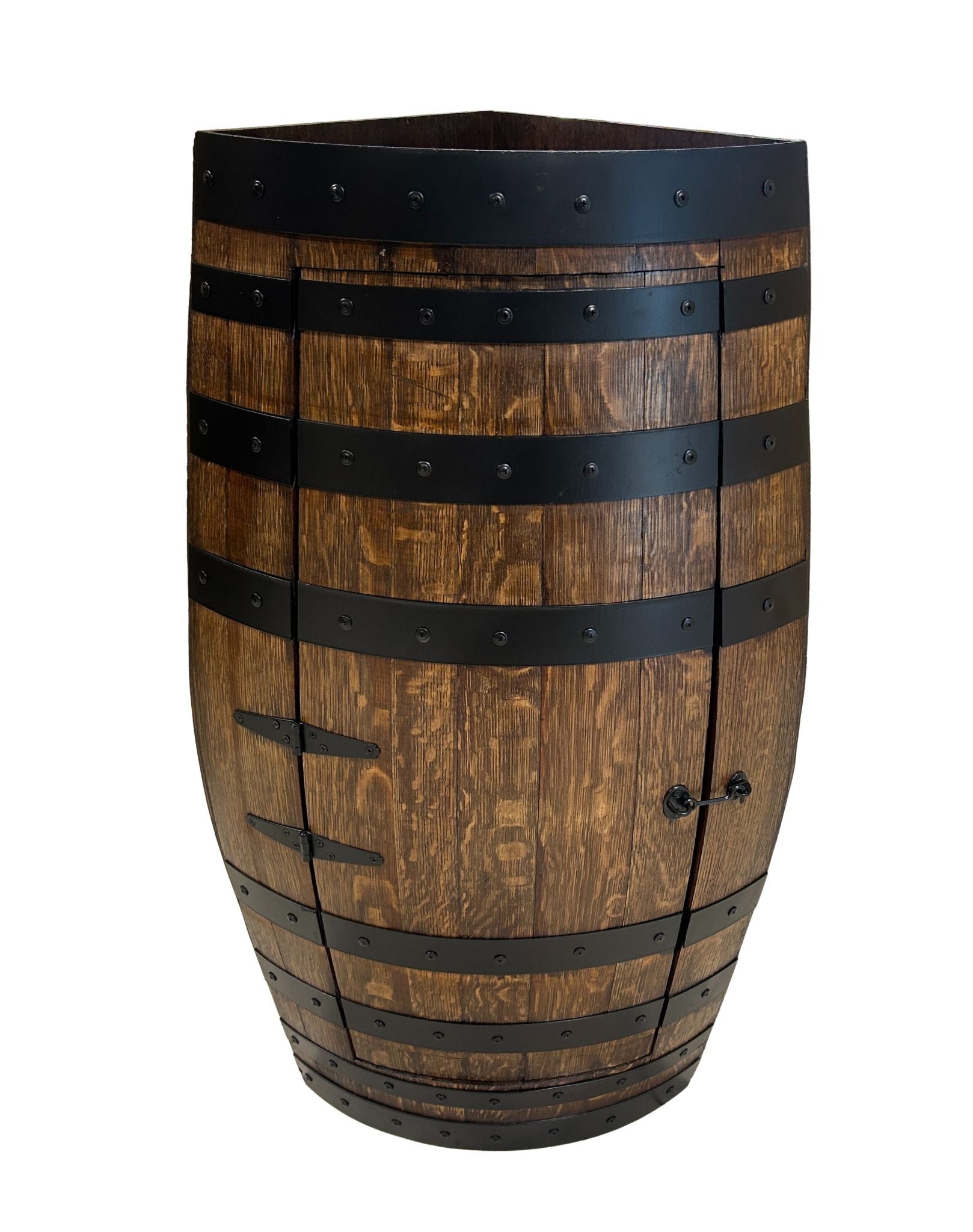 Handcrafted corner wine barrel mini bar with bottle storage – rustic home bar furniture