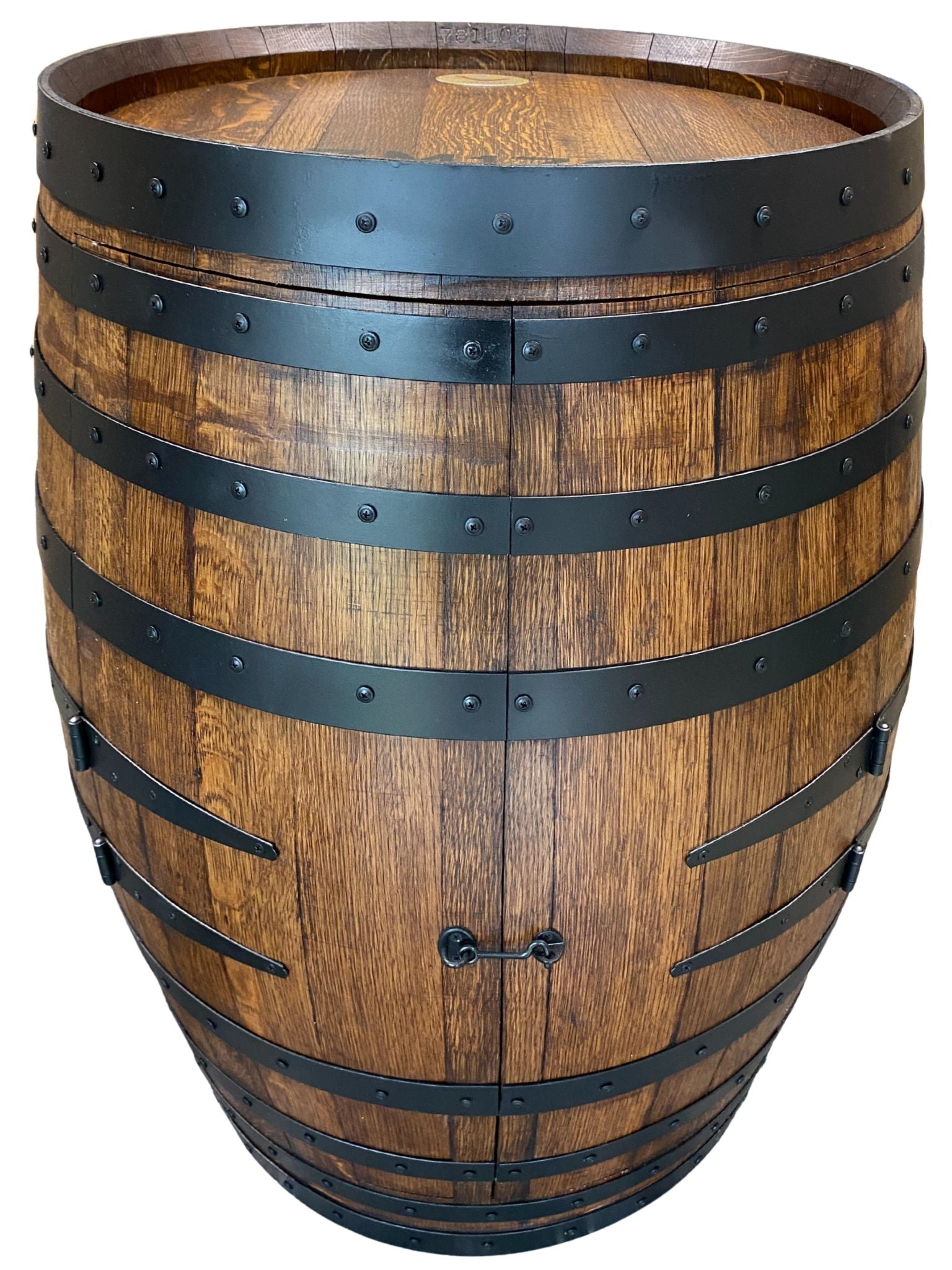 Handcrafted wine barrel mini bar with bottle and glass storage – rustic home bar furniture