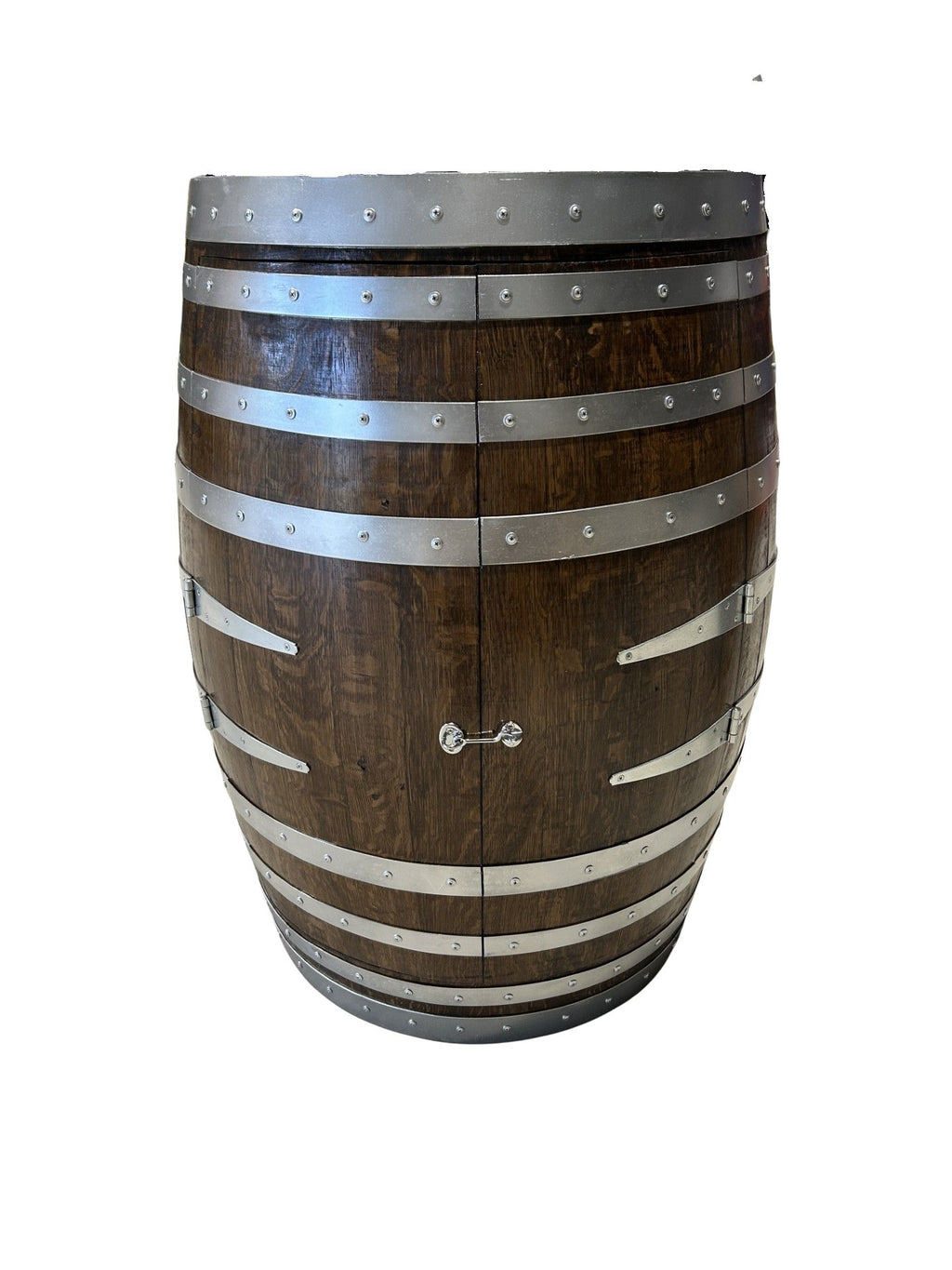 Handcrafted wine barrel mini bar with bottle and glass storage – rustic home bar furniture