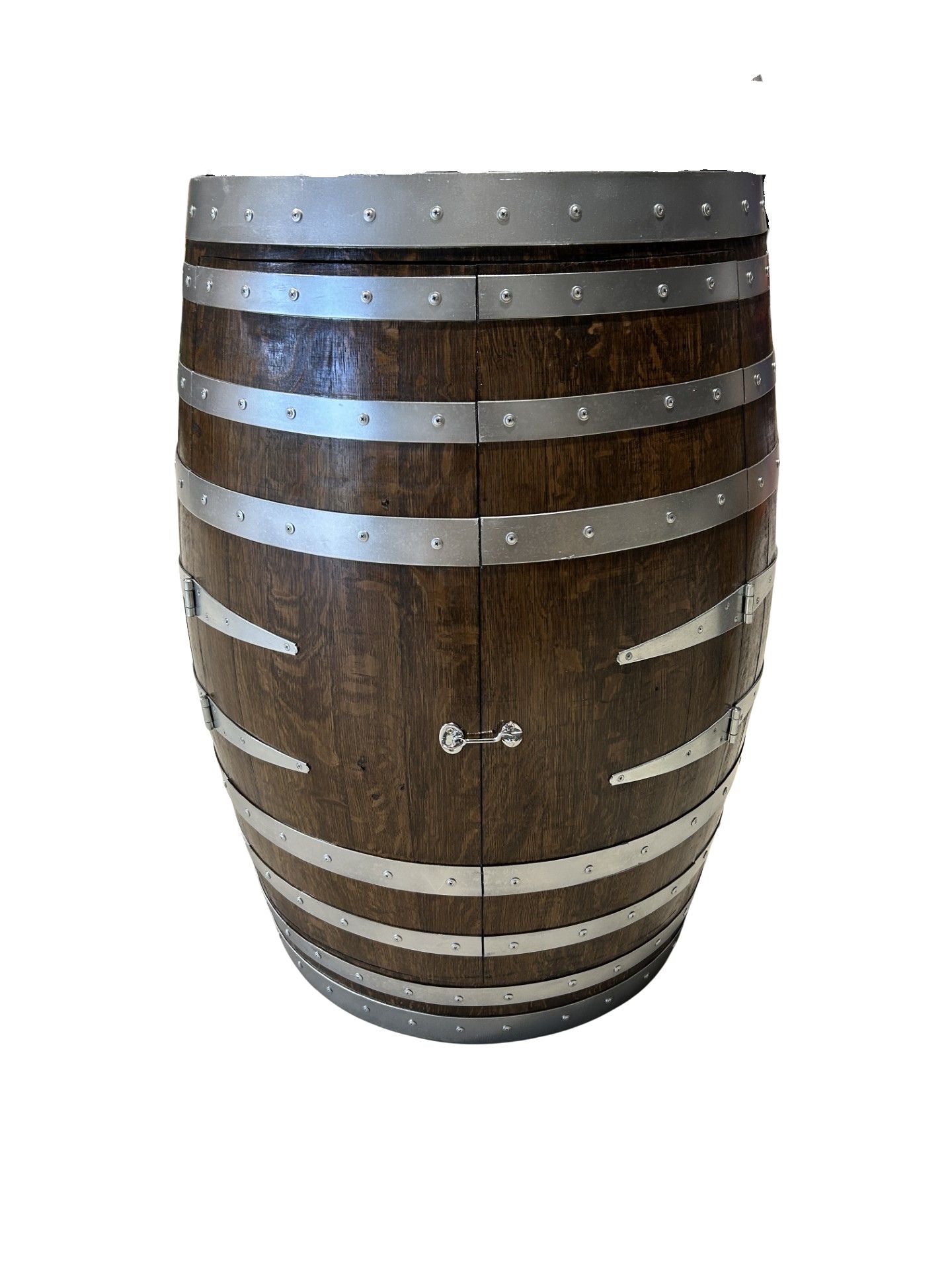 Handcrafted wine barrel mini bar with bottle and glass storage – rustic home bar furniture