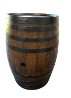 Refurbished full wine barrel with rich brown japan satin finish and black steel bands, handcrafted from authentic oak wine barrels.