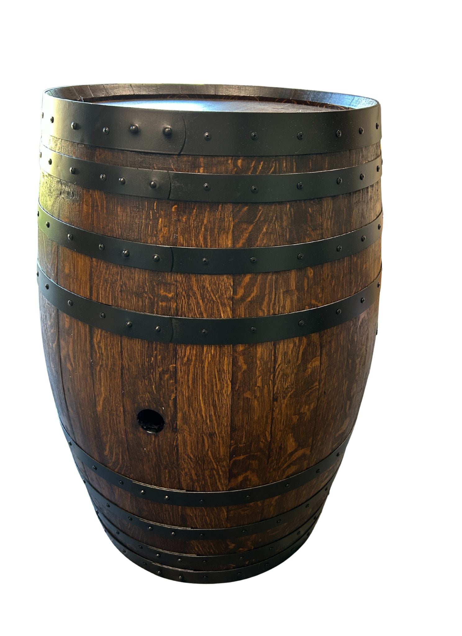 Refurbished full wine barrel with rich brown japan satin finish and black steel bands, handcrafted from authentic oak wine barrels.