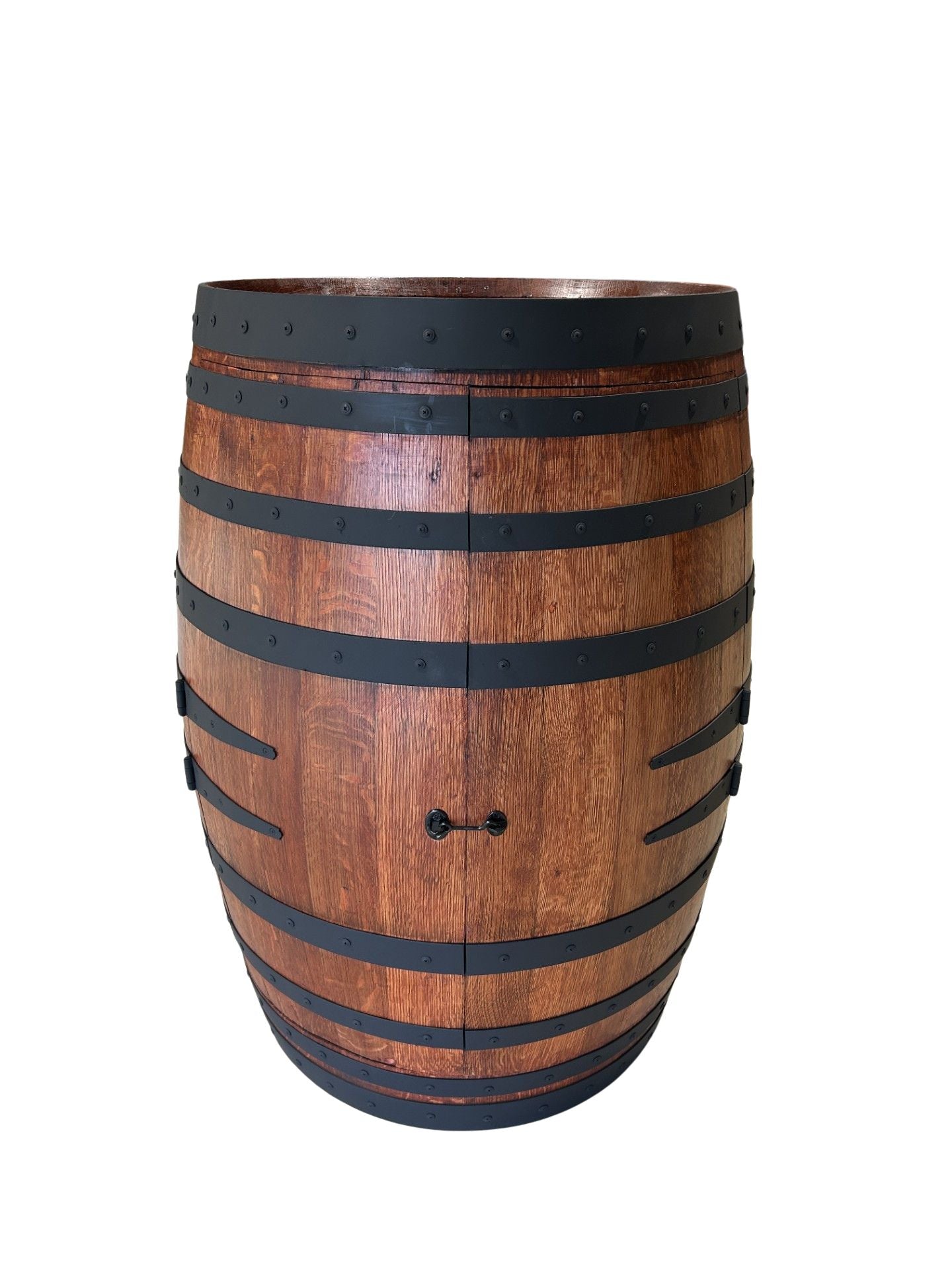 Handcrafted wine barrel mini bar with bottle and glass storage – rustic home bar furniture