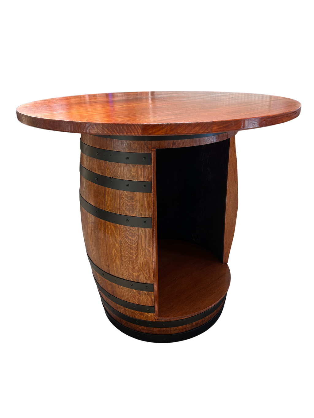 Wine barrel fridge cabinet with Tasmanian Oak top and satin black steel bands, cedar stain, handcrafted in Australia.