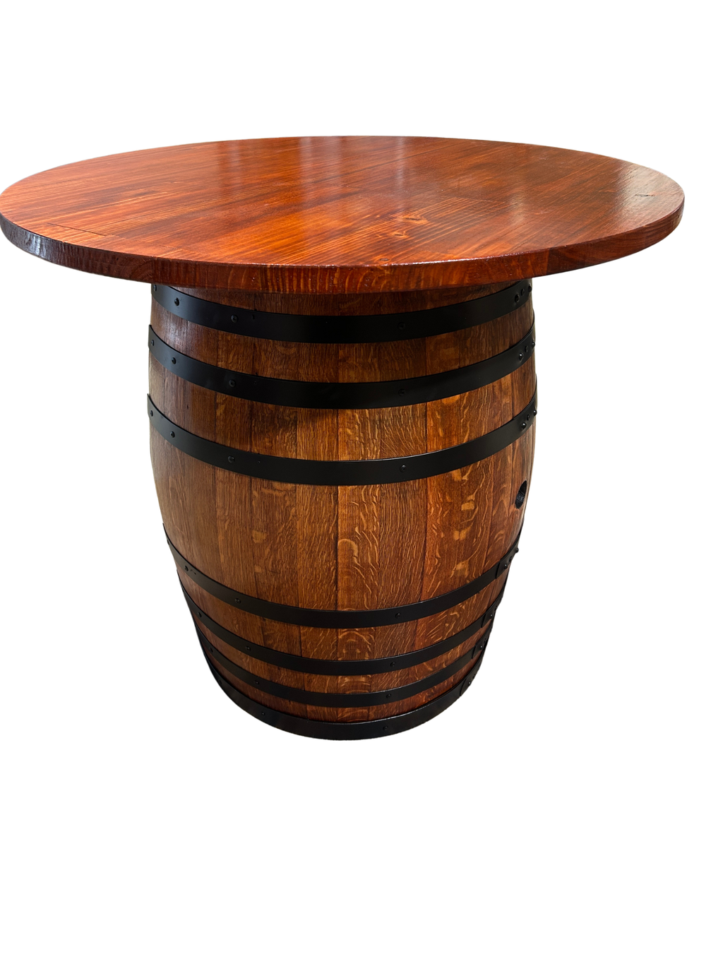 Wine barrel table with Tasmanian Oak top and satin black steel bands, cedar stain, handcrafted in Australia.
