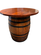 Wine barrel table with Tasmanian Oak top and satin black steel bands, cedar stain, handcrafted in Australia.