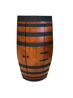 Refurbished full wine barrel with rich cedar finish and black steel bands, handcrafted from authentic oak wine barrels.