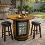 Wine barrel bar fridge table in outdoor entertaining area with drinks and platter