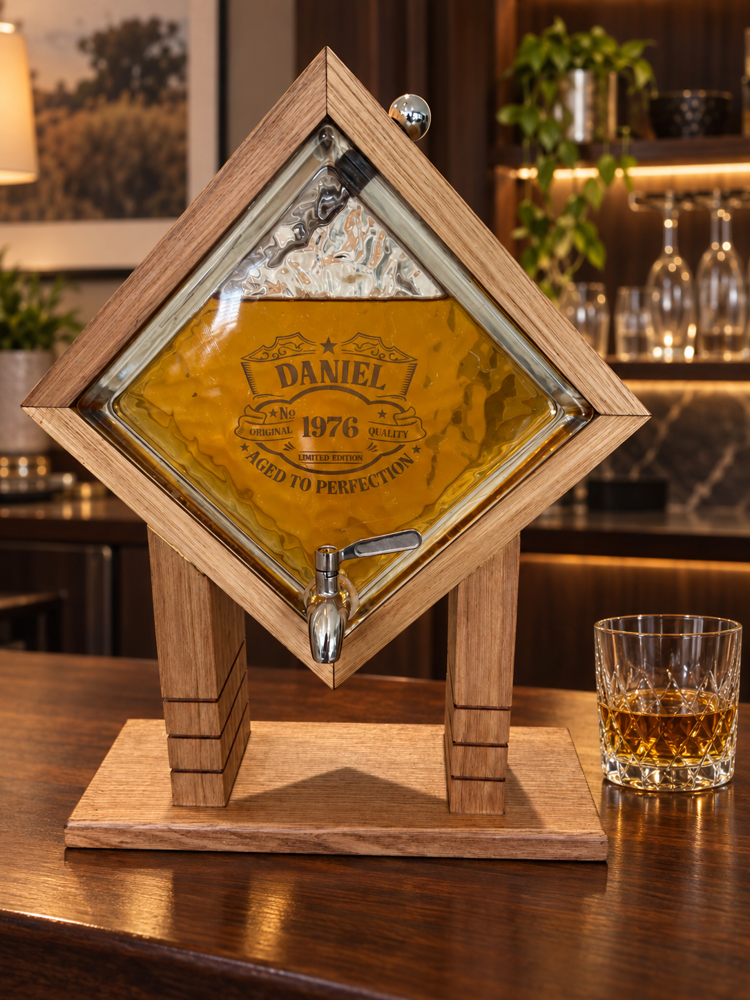 Personalised timber whiskey dispenser with engraved textured glass and silver tap in home bar setting