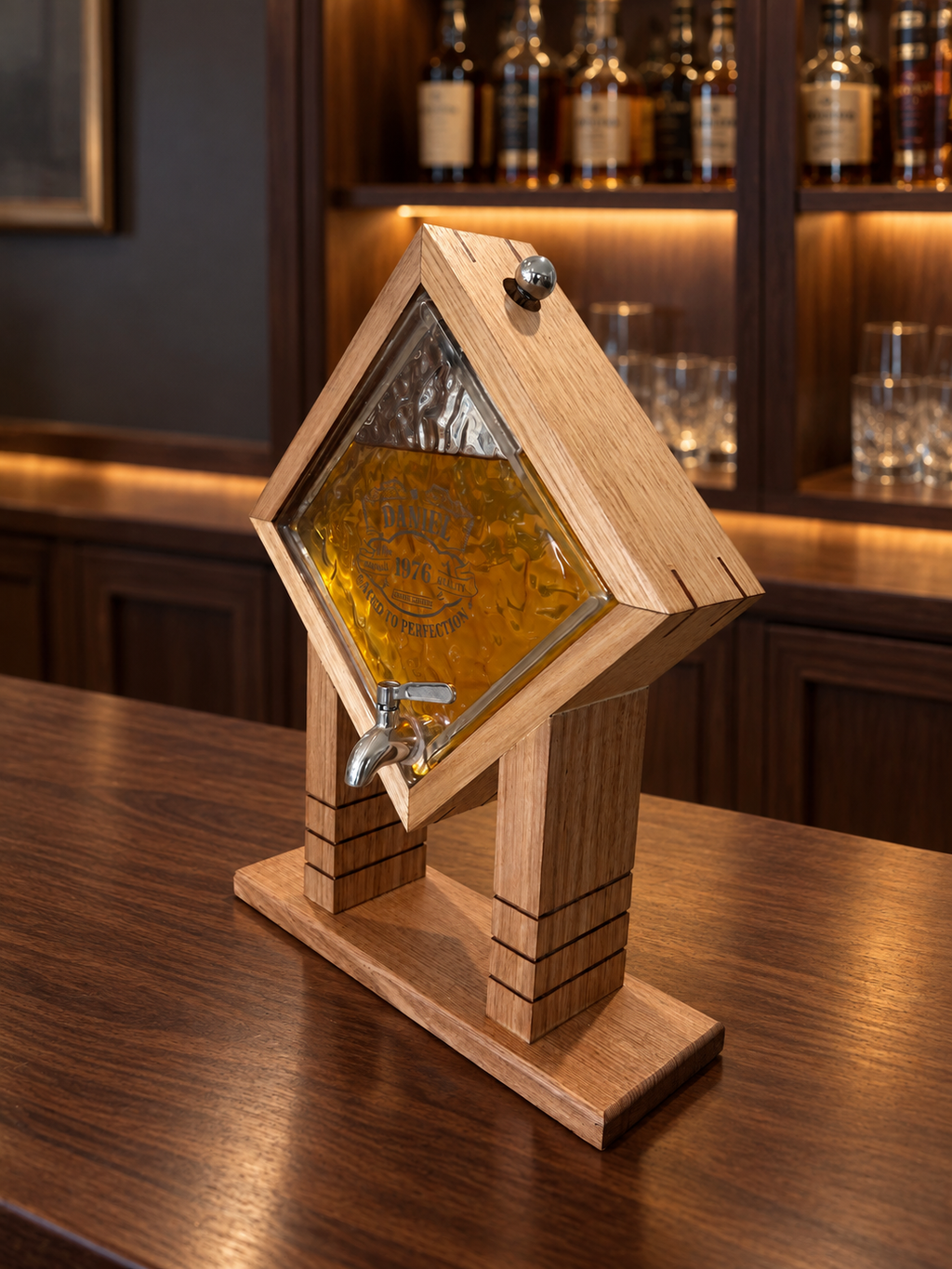 Personalised timber whiskey dispenser with engraved textured glass and silver tap in home bar setting