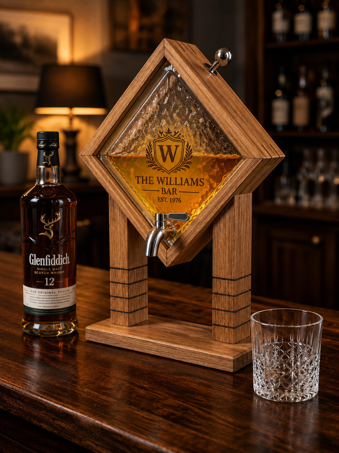 A wooden whiskey dispenser with a diamond-shaped glass reservoir and metal spout, shown on a dark wood bar counter beside a bottle of Glenfiddich 12 Year Old Scotch and a clear cut-glass tumbler. The glass reservoir is personalized with the name 'THE WILLIAMS BAR' and a crest.