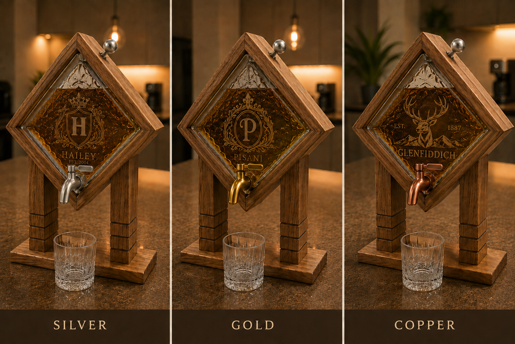 Three wooden tap fixtures shown side by side on a countertop, each with a different metal spout color labeled Silver, Gold, and Copper. Each fixture has a diamond-shaped wood panel with an engraved letter and decorative crest, and a small clear glass tumbler in front.