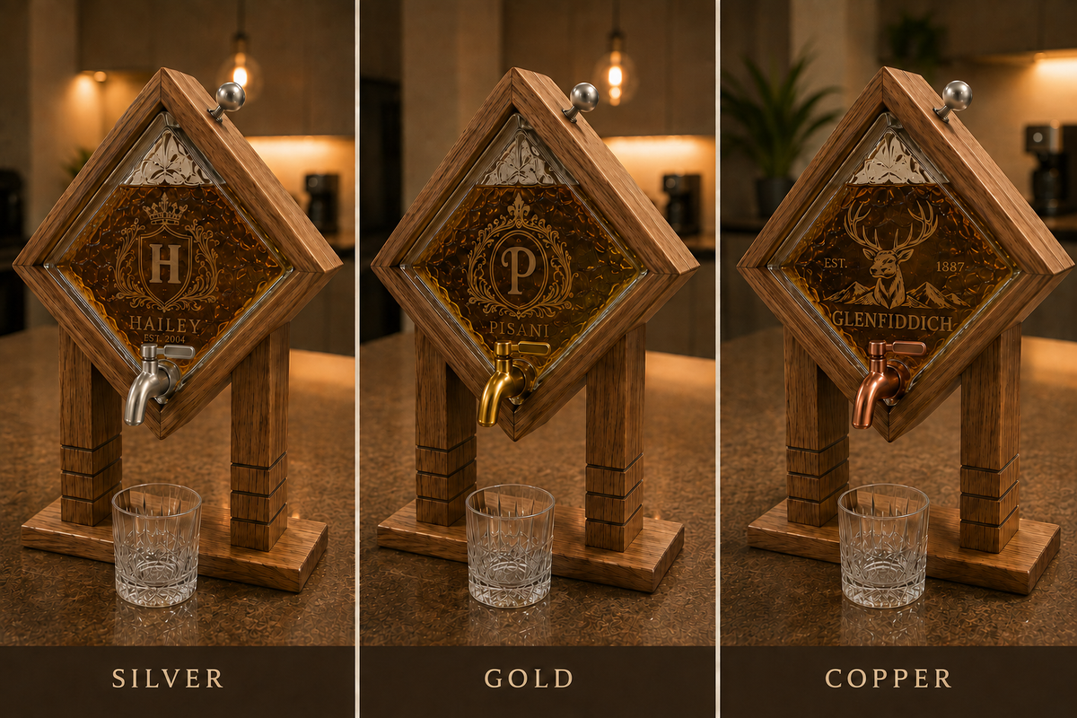 Three wooden tap fixtures shown side by side on a countertop, each with a different metal spout color labeled Silver, Gold, and Copper. Each fixture has a diamond-shaped wood panel with an engraved letter and decorative crest, and a small clear glass tumbler in front.