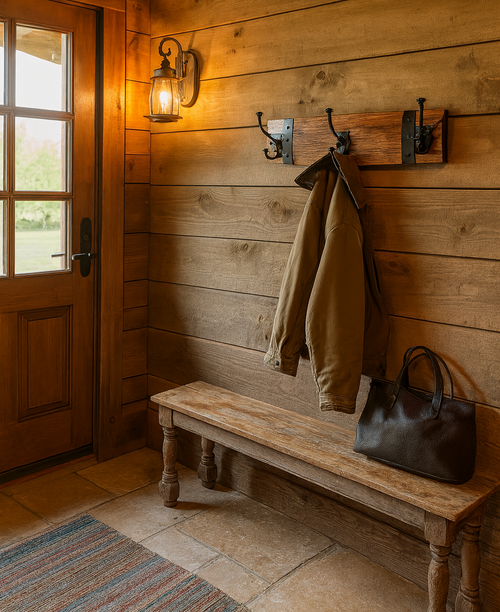 Rustic wine barrel coat rack handcrafted from reclaimed oak barrels with metal hooks – sustainable and stylish wall-mounted entryway organise