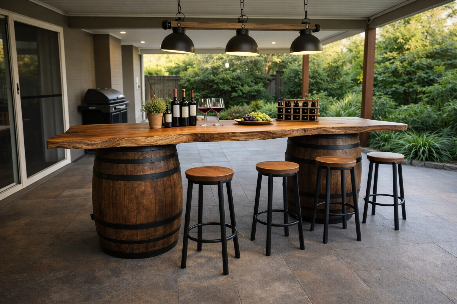 Full Wine Barrel Live Edge Slab Bar – Reclaimed Oak & Solid Timber