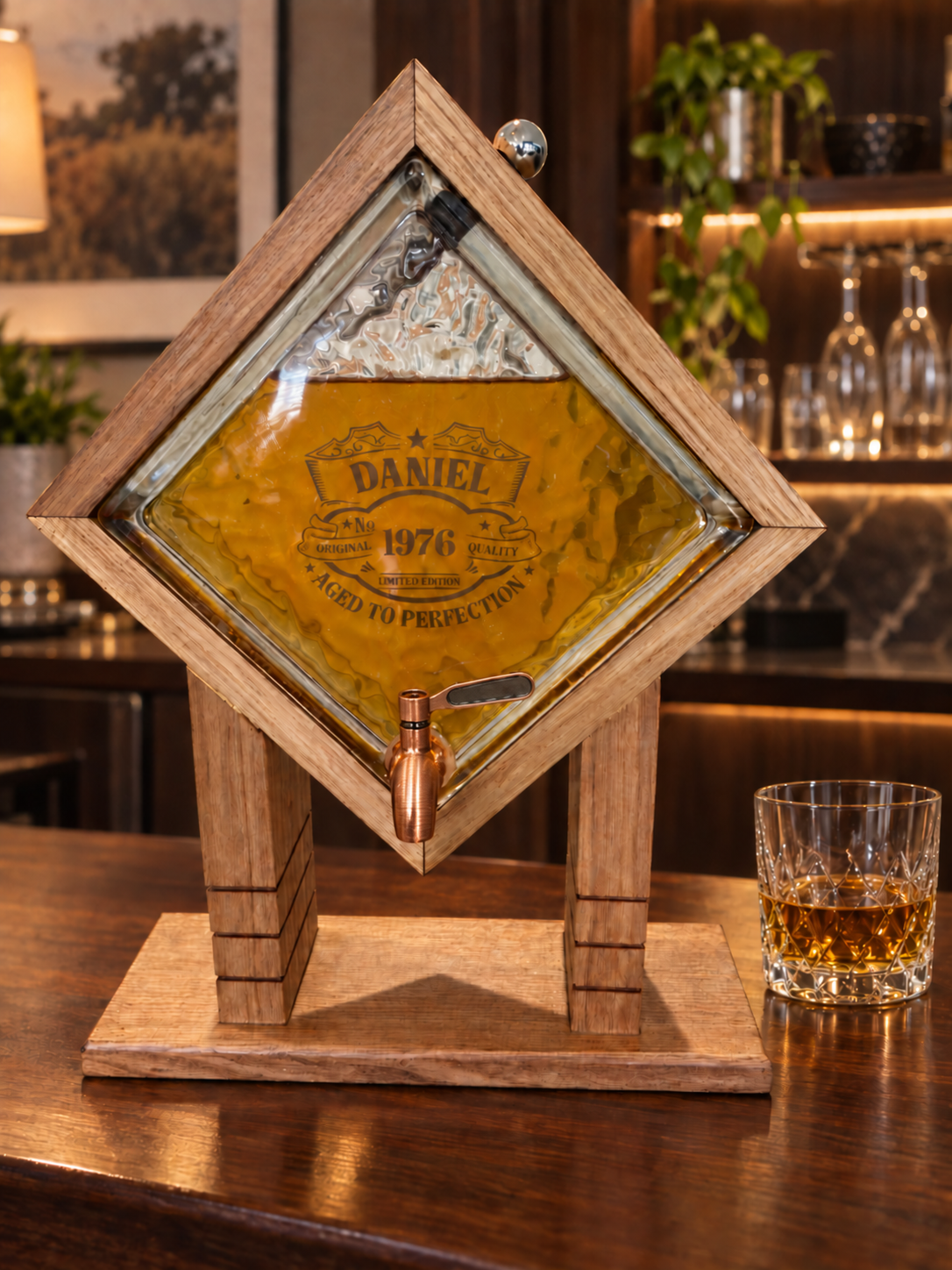 Custom laser engraving on textured glass whiskey dispenser filled with amber whisky with copper spigot 