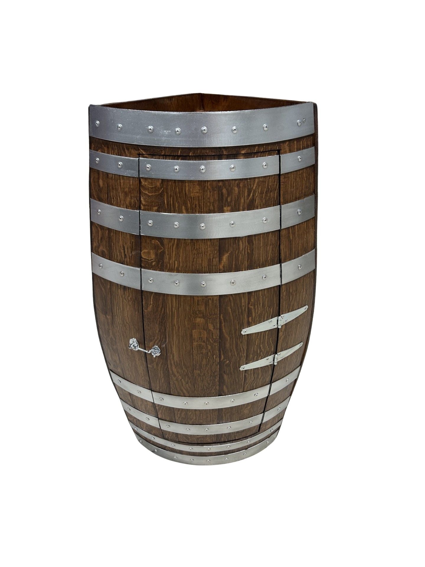Handcrafted wine barrel mini bar with bottle and glass storage – rustic home bar furniture