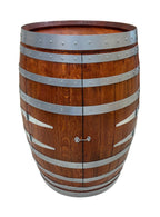 Handcrafted wine barrel mini bar with bottle and glass storage, cedar with black bands – rustic home bar furniture