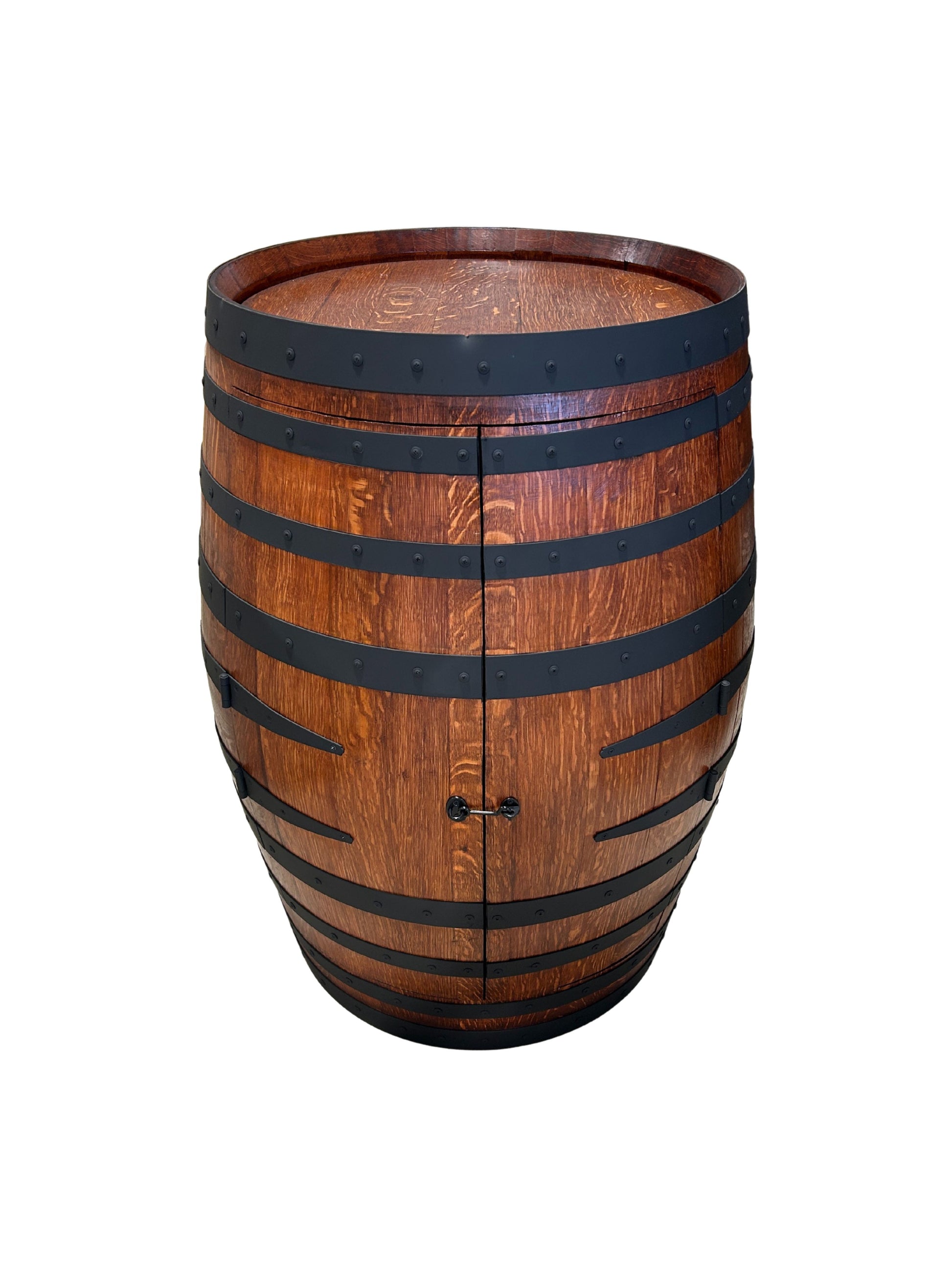 Handcrafted wine barrel mini bar with bottle and glass storage – rustic home bar furniture