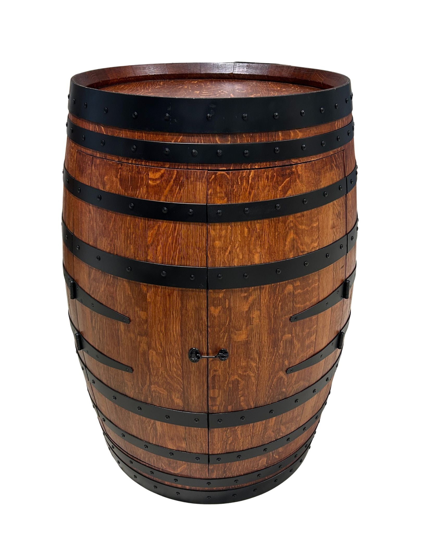 Handcrafted wine barrel mini bar with bottle and glass storage – rustic home bar furniture