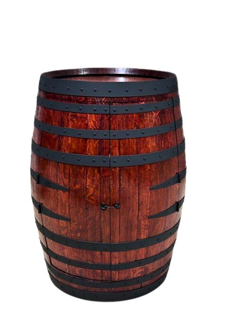 Handcrafted wine barrel mini bar with bottle and glass storage – rustic home bar furniture