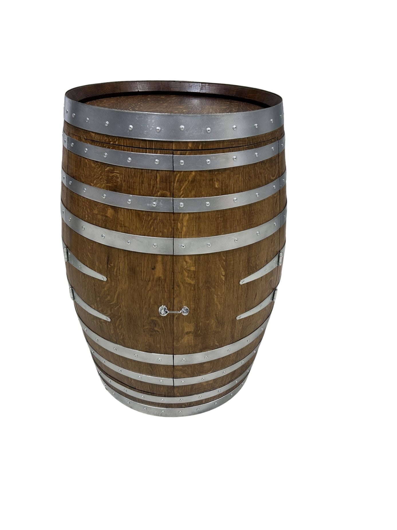 Handcrafted wine barrel mini bar with bottle and glass storage – rustic home bar furniture