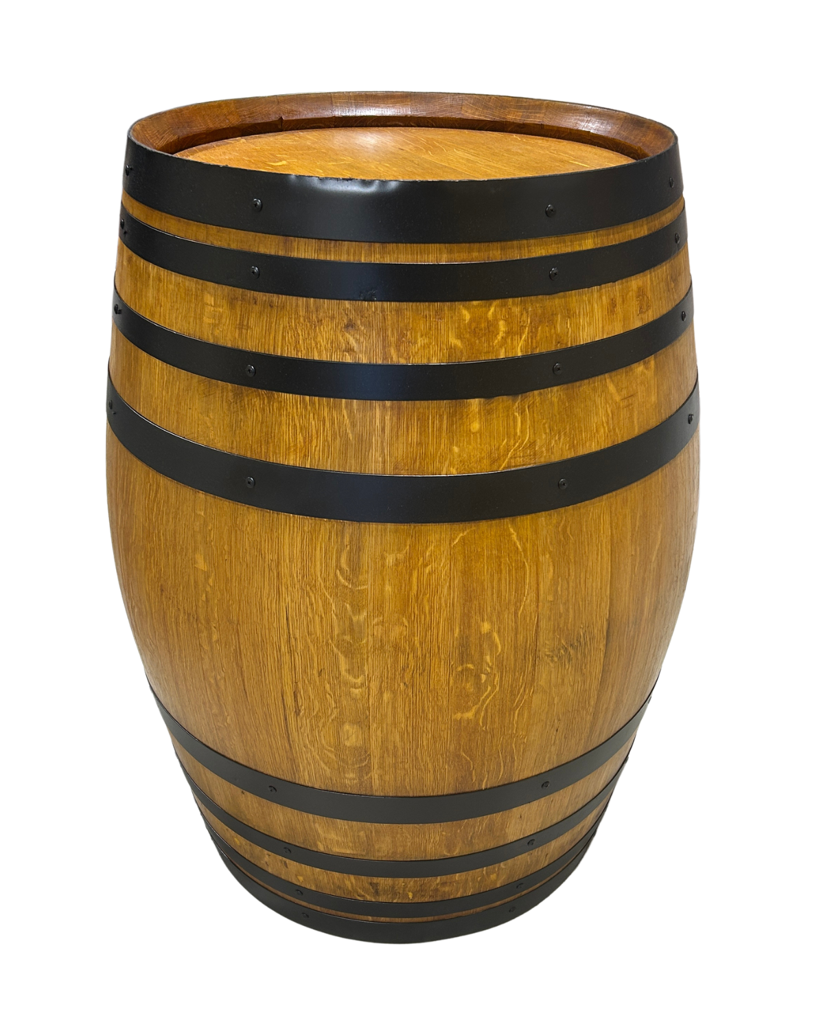 Refurbished full wine barrel in Golden Teak stain with satin black steel bands handcrafted from authentic oak wine barrels.
