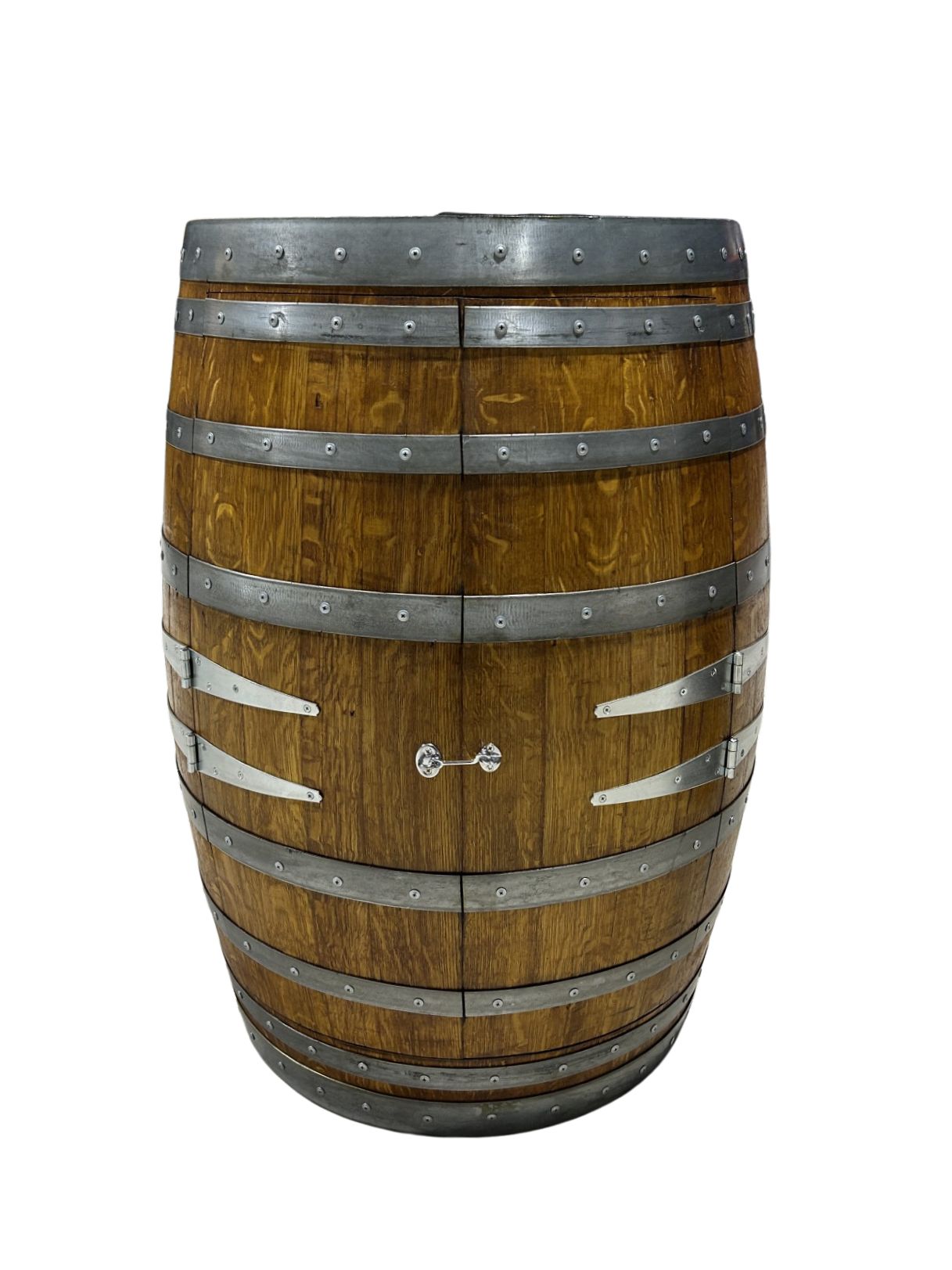 Handcrafted wine barrel mini bar with bottle and glass storage – rustic home bar furniture