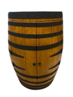 Handcrafted wine barrel mini bar with bottle and glass storage, golden teak with black bands – rustic home bar furniture