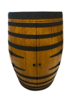 Handcrafted wine barrel mini bar with bottle and glass storage, golden teak with black bands – rustic home bar furniture