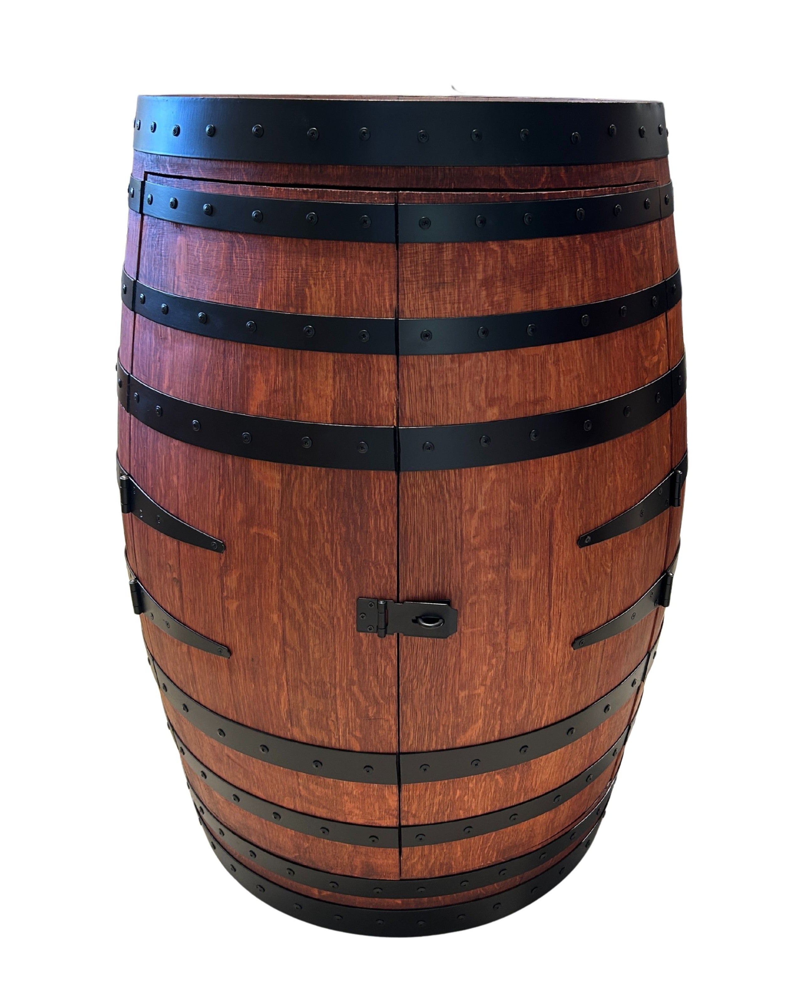 Handcrafted wine barrel mini bar with bottle and glass storage – rustic home bar furniture