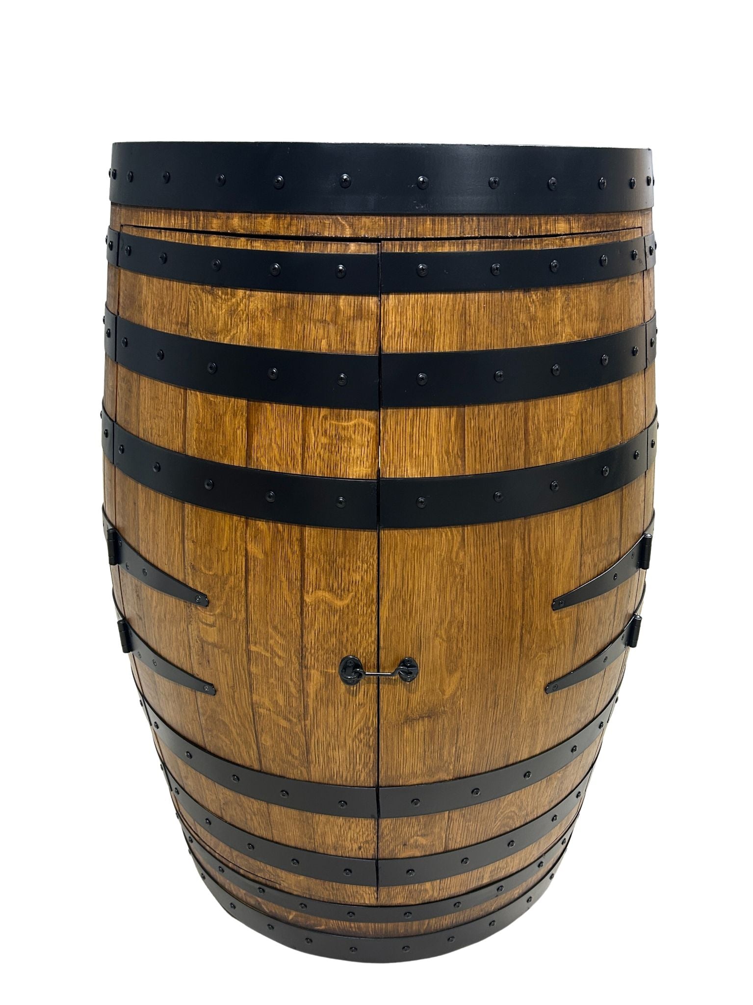Handcrafted wine barrel mini bar with bottle and glass storage – rustic home bar furniture