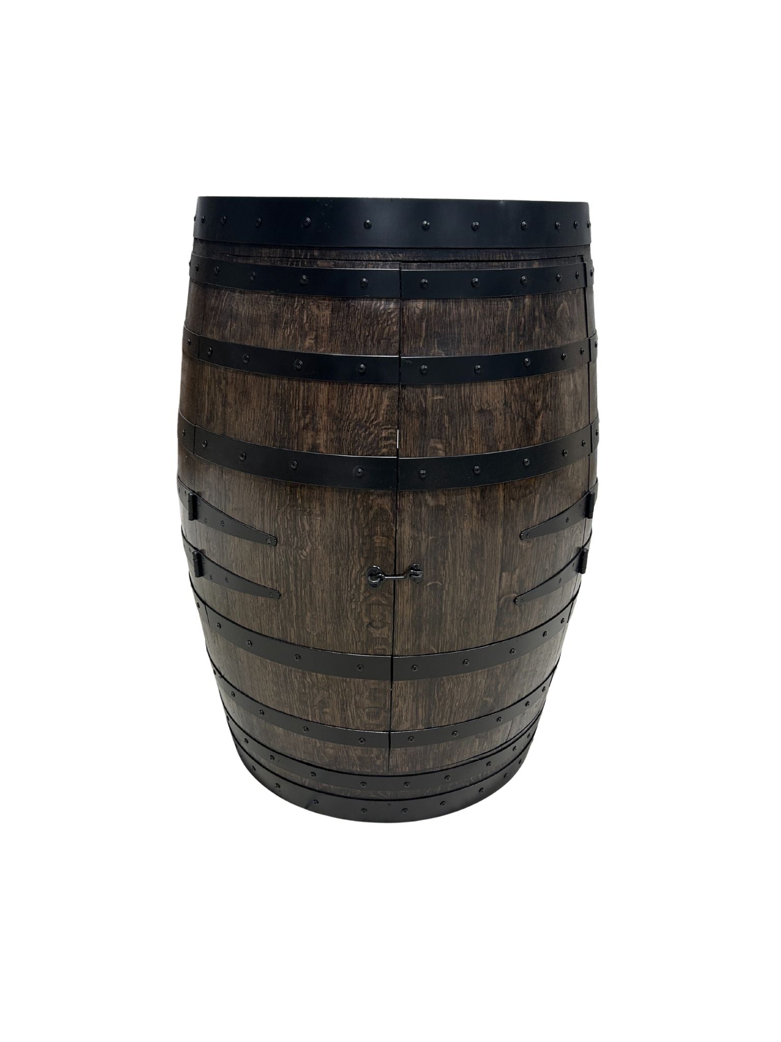 Handcrafted wine barrel mini bar with bottle and glass storage – rustic home bar furniture