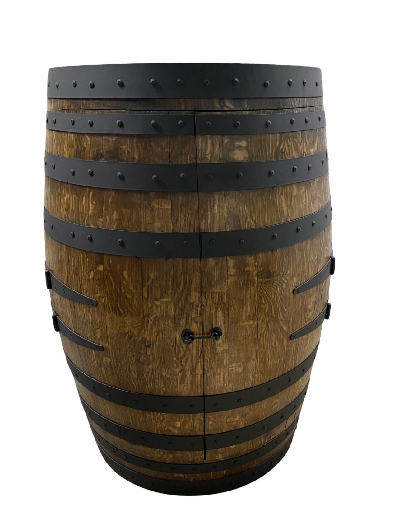 Handcrafted wine barrel mini bar with bottle and glass storage – rustic home bar furniture