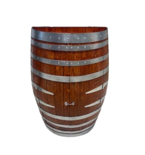 Handcrafted wine barrel mini bar with bottle and glass storage – rustic home bar furniture
