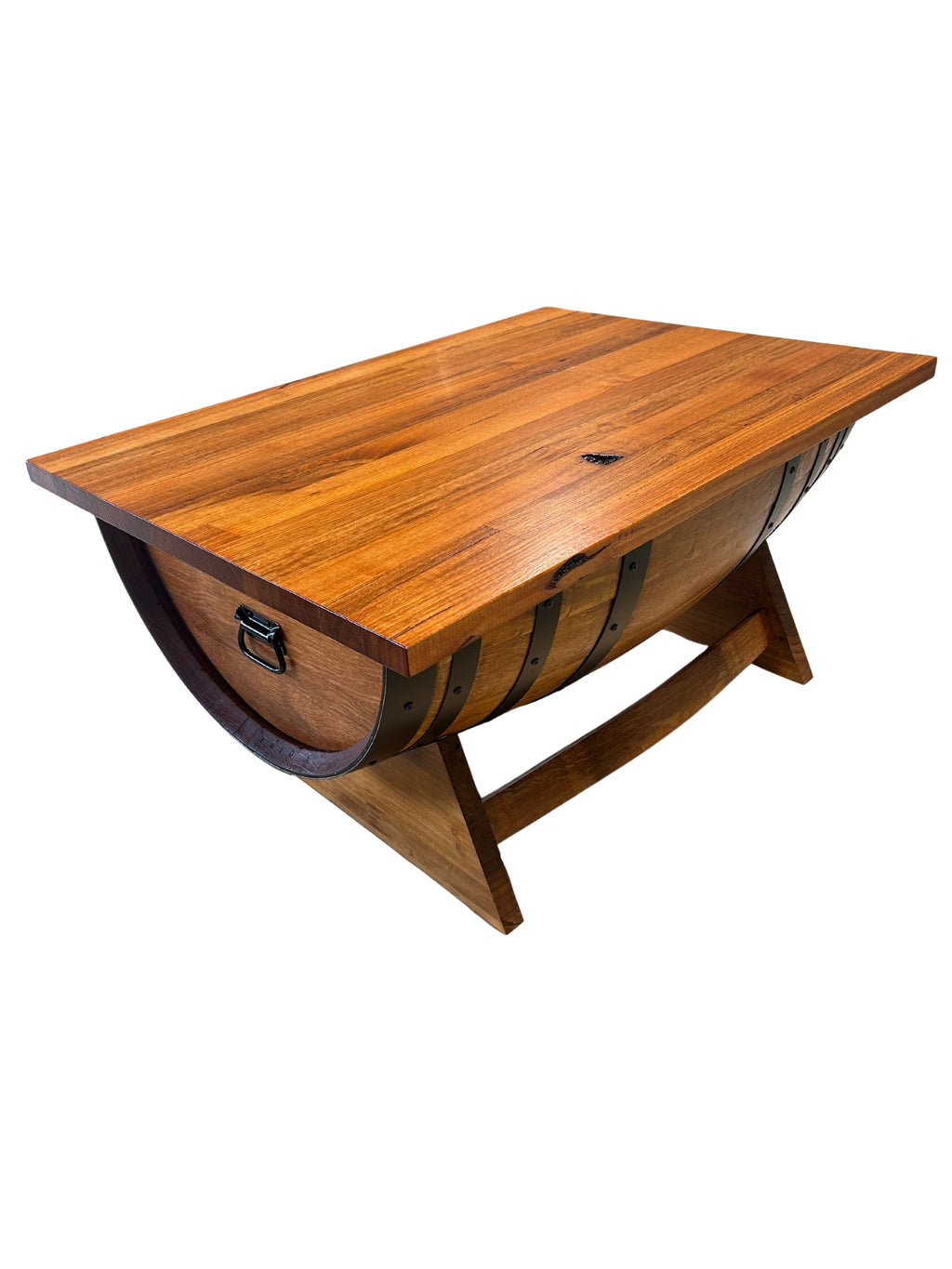 Rustic wine barrel coffee table with lift-top desk and hidden storage – handcrafted furniture for home or office