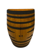 Handcrafted half wine barrel mini bar with bottle and glass storage, golden teak with black bands – rustic home bar furniture