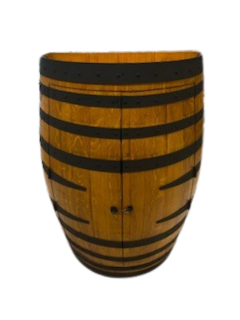 Handcrafted half wine barrel mini bar with bottle and glass storage, golden teak with black bands – rustic home bar furniture