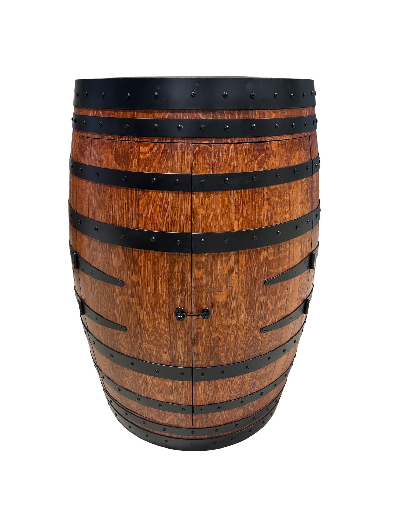 Handcrafted wine barrel mini bar with bottle and glass storage – rustic home bar furniture