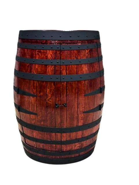 Handcrafted wine barrel mini bar with bottle and glass storage – rustic home bar furniture