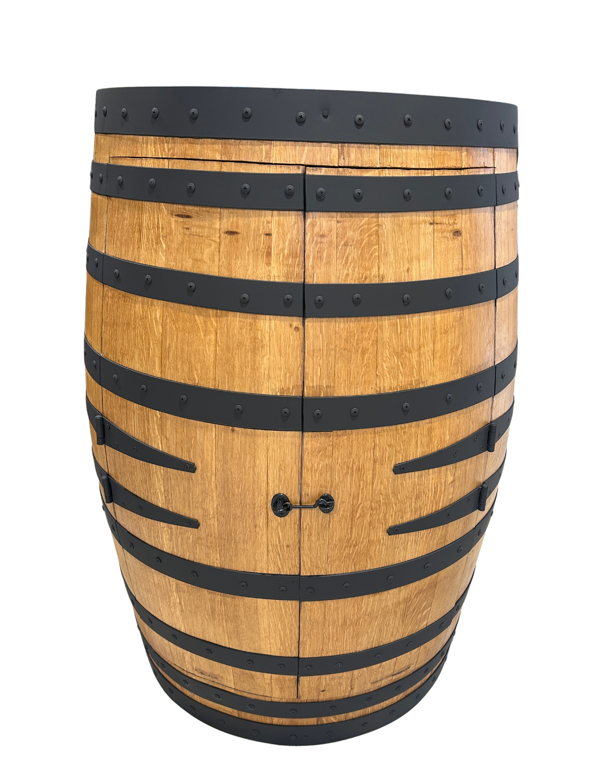 Half wine barrel bar in Old Baltic stain with black matt hoops